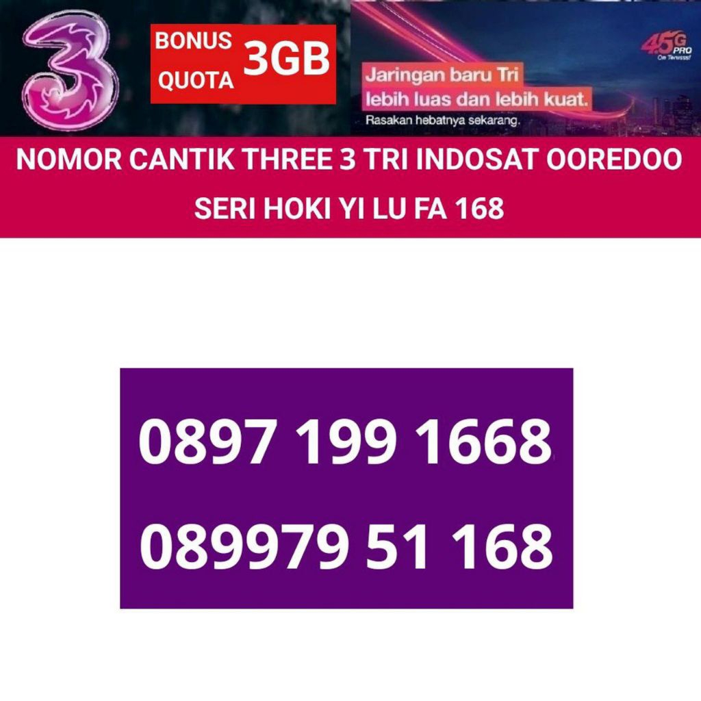 three 3 tri 11 digit nomor cantik hoki yi lu fa 168 indosat ooredoo nomer kartu perdana