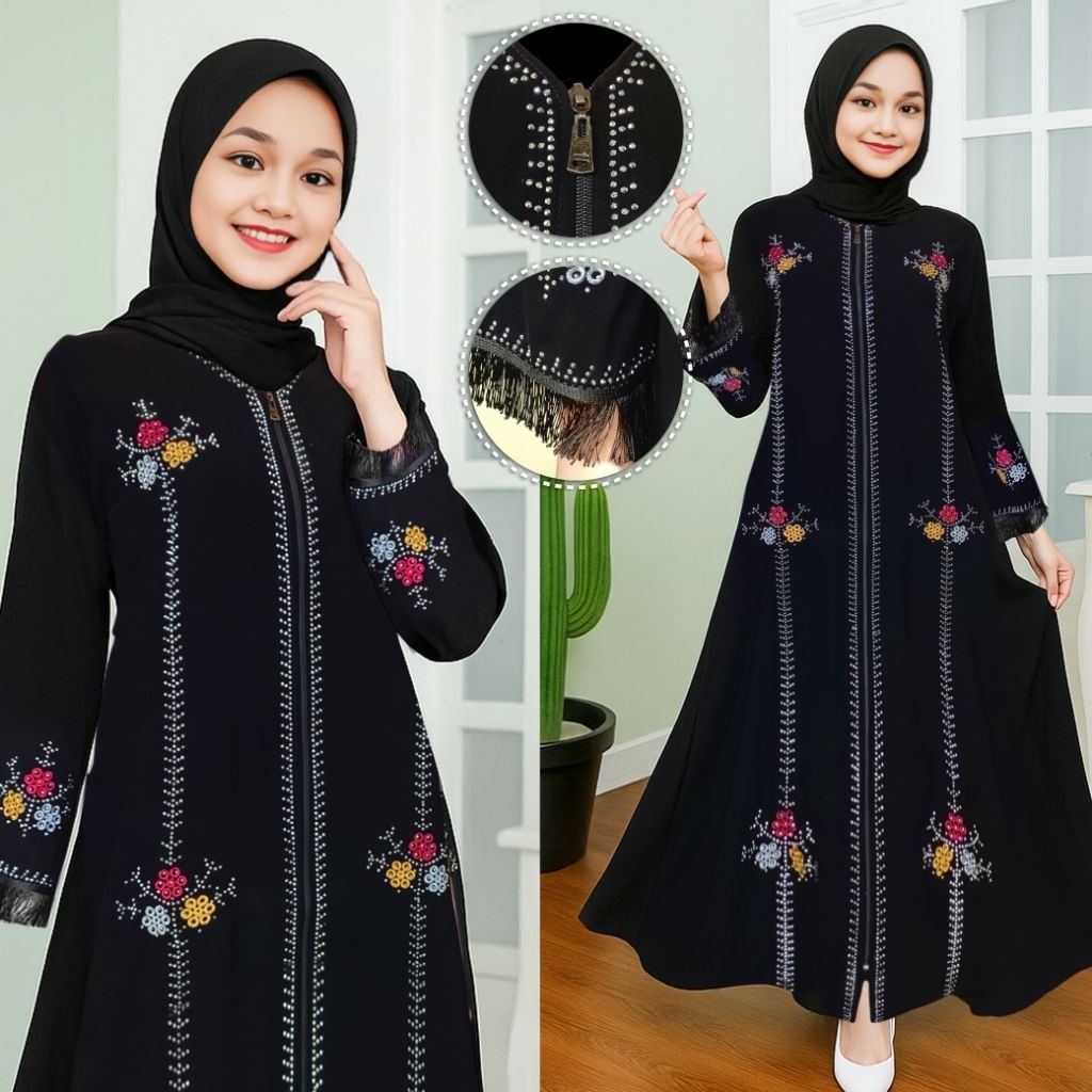 GAMIS ABAYA ANAK TANGGUNG// REMAJA TANGGUNG// JETBLACK HITAM PEKAT MOTIF BORDIR DAN SWAROSVKY