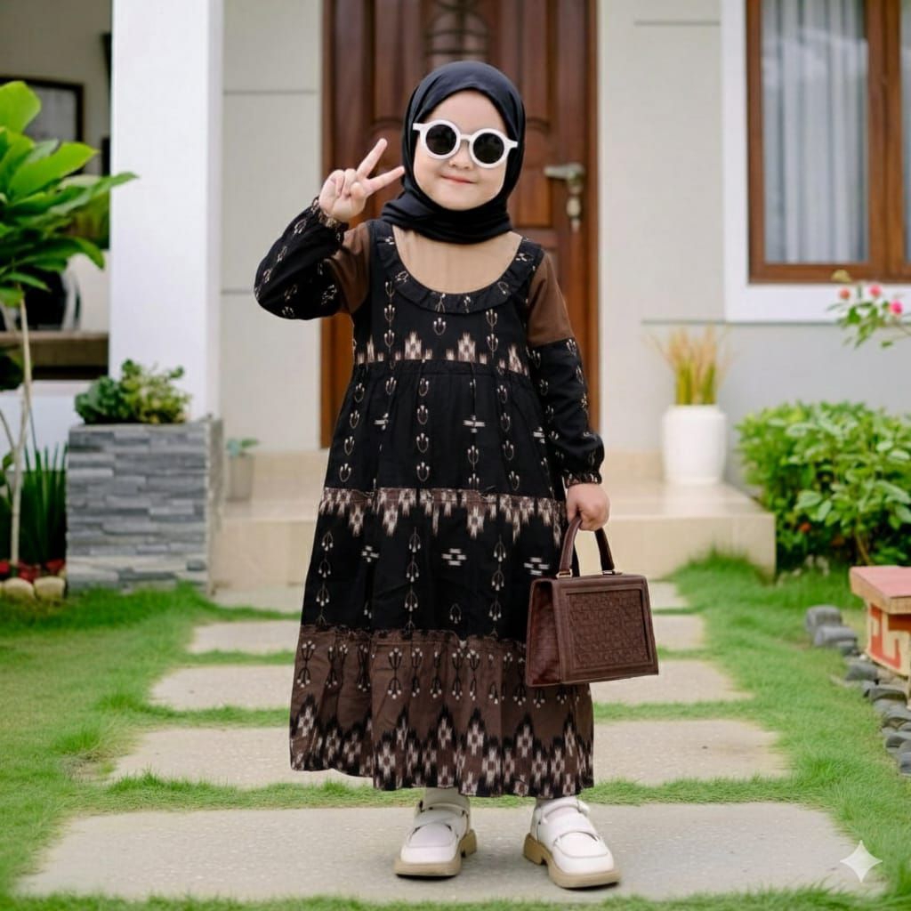 Gamis anak susun depan rempel bahan katun rayon