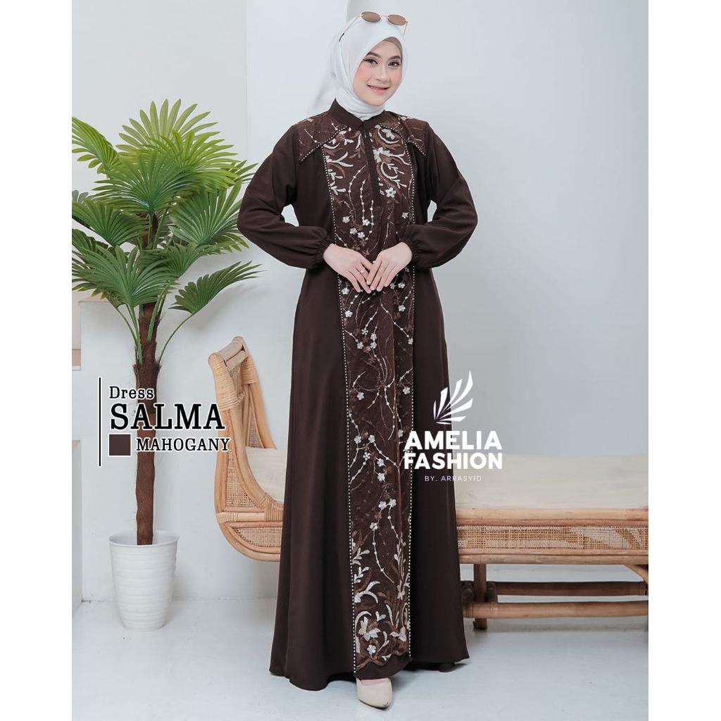 MAXY DRESS SALMA - GAUN PESTA BRUKAT MEWAH TERBARU WARNA MAHOGANY BURGUNDY DENIM HITAM - BAJU GAMIS 