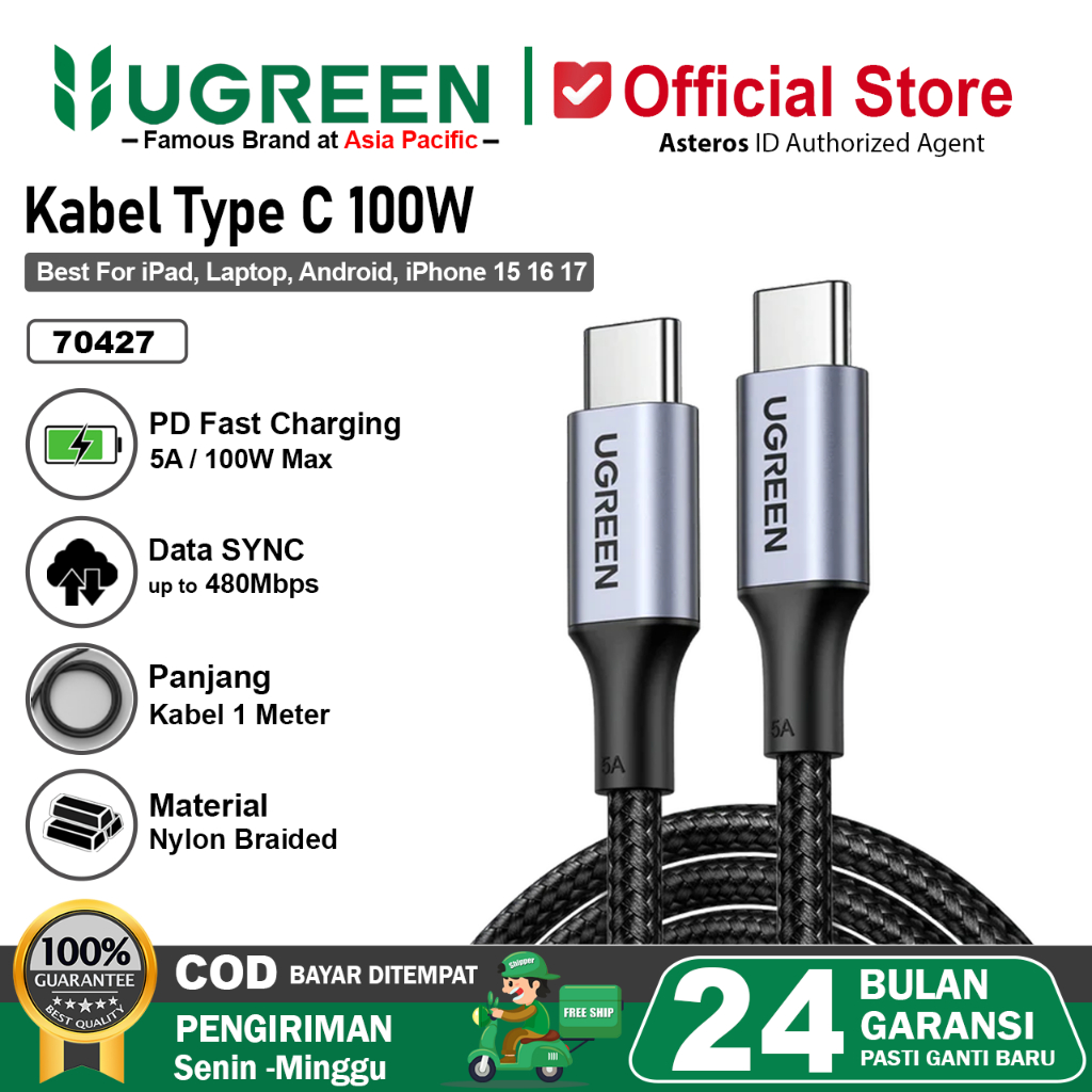 UGREEN Kabel Data USB Type C to Type C Nylon Braided PD Fast Charging 100W Max 5A 1 Meter 2 Meter