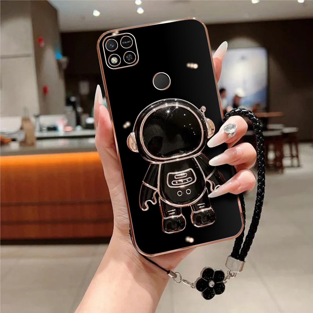 Soft Case Redmi 10A 9C 9 10 Prime 4G Luxury Plating Astronot Holder Free Tali Bunga Lanyard Premium