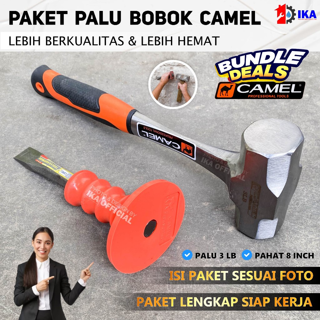 CAMEL Paket Palu Batu 3Lb + Pahat Beton 8inch / Paket Palu Bodem Bobok Palu Batu 3 LB GG Fiber + Pah