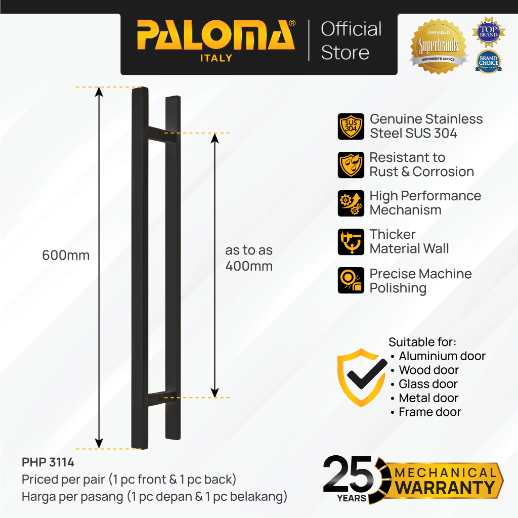 PALOMA PHP 3114 Gagang Tarikan Pintu Door Pull Handle Stainless Steel SUS 304 SUS304 60cm Matte Blac