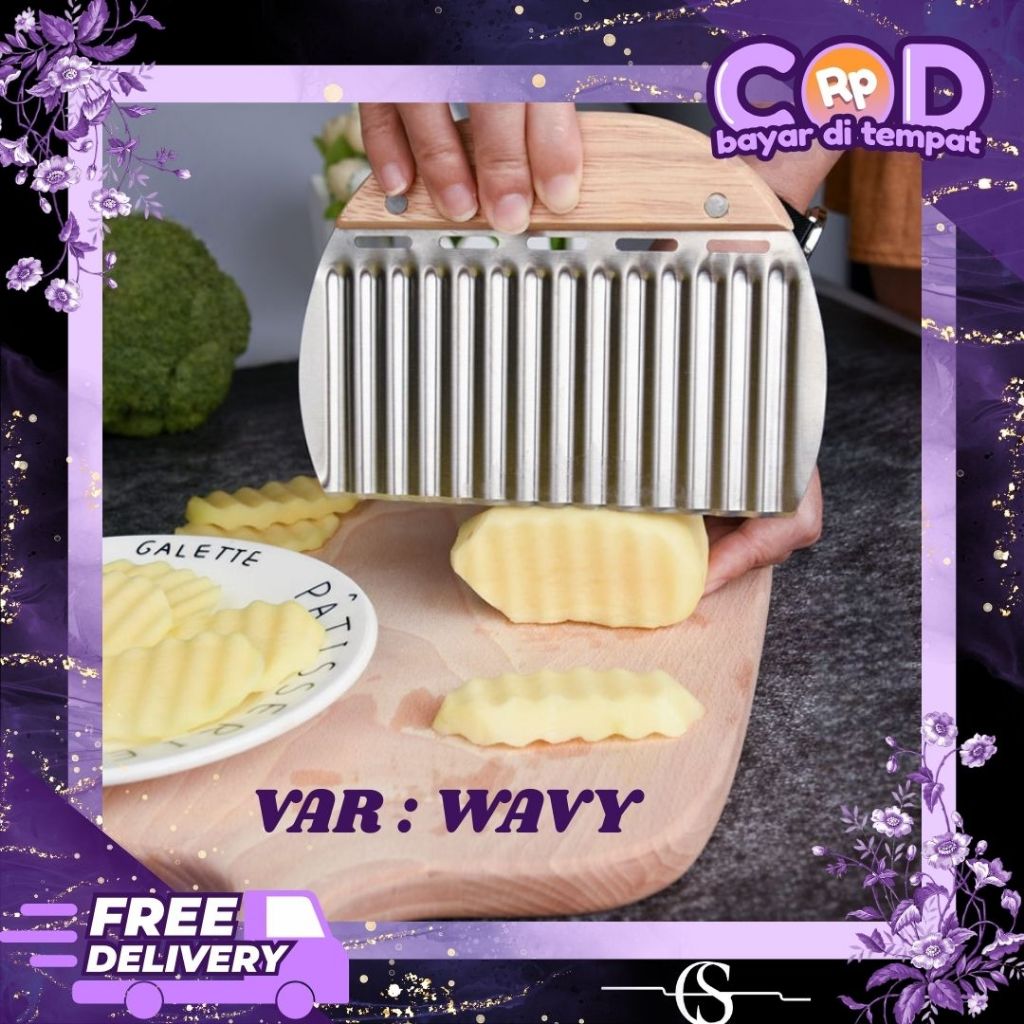 Scraper Adonan Wavy Stainless Steel Gagang Kayu / Dough Scraper Gelombang / Alat Baking Roti Kue