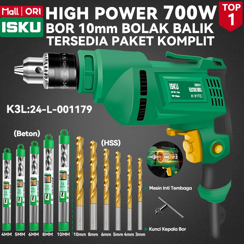 ISKU Mesin Bor Listrik 10mm 700W Bor Tangan Bolak Balik Variable Speed Electric Drill Set Mata Bor K