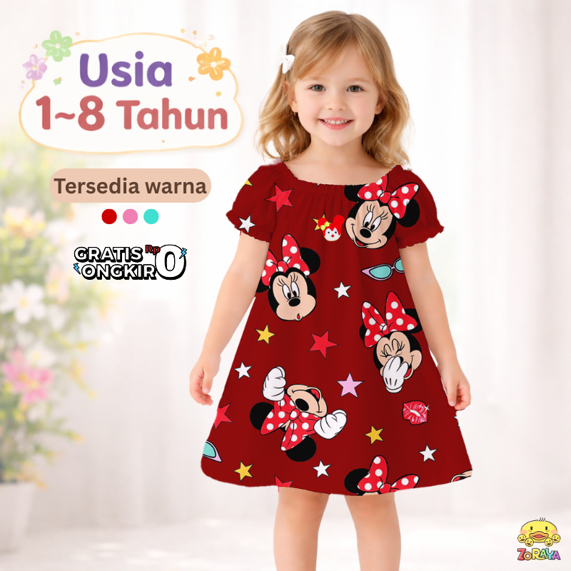 (BISA COD) SALE UP TO 50% Daster Dress Anak Perempuan Minnie Mouse 1- 8 Tahun Model Tangan
