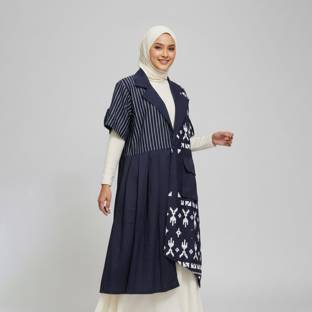 Falasifa - Batik Modern Wanita - Outer Mix Etnik Modern - Wastra Navy - Long Outer Blazer