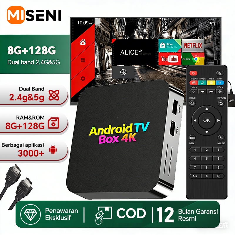 MISENI Ram 8+128GB 2.4G/5G Wifi Android TV BOX 100% Original Advanced Indihome Digital Online TV Int
