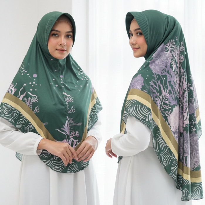 Jilbab Instant Motif Coral Daily Bergo Printing Jersey Hijab Panjang Jumbo
