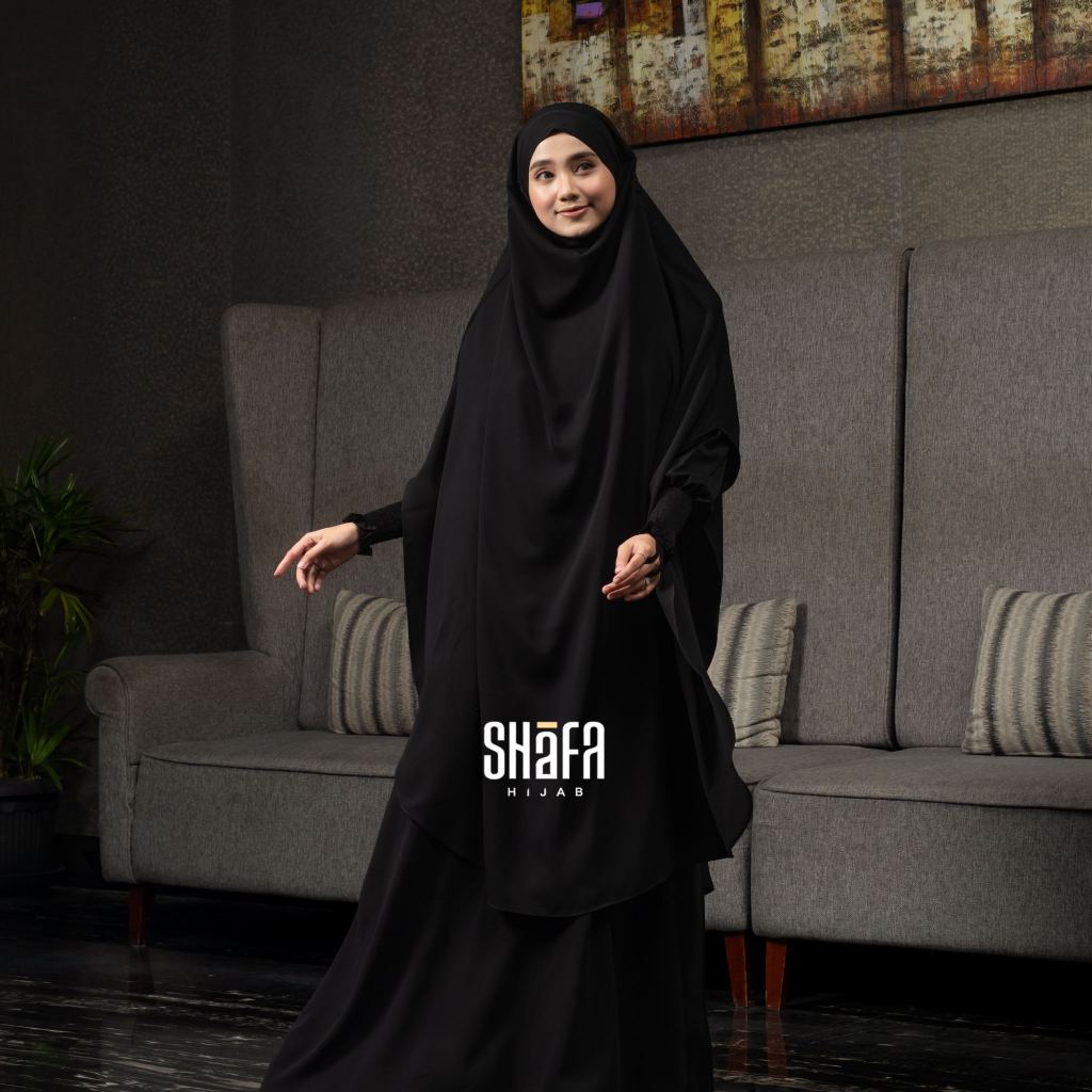 SHAFA HIJAB - Abaya Set French Khimar Mecca black Lengan Smoke