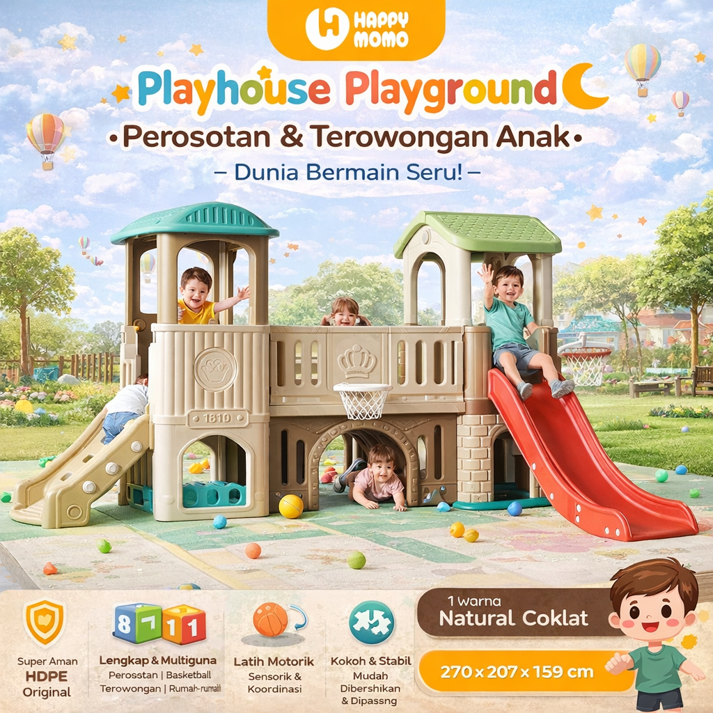 Happy Momo Playhouse Anak H2304 – Rumah Mainan Perosotan & Terowongan, Playground TK Indoor Cream
