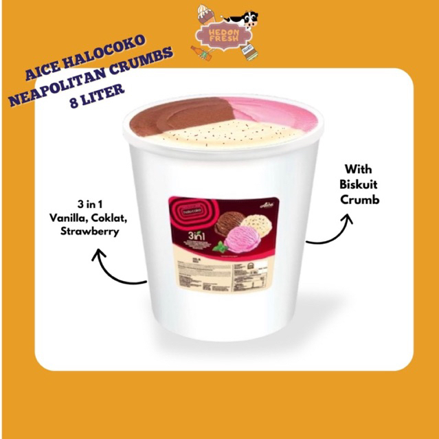 Ice Cream AICE Halocoko Rasa Neoplitan Chocochip Cookies 8 Liter Es Krim Neapolitan - Cabang Bandung