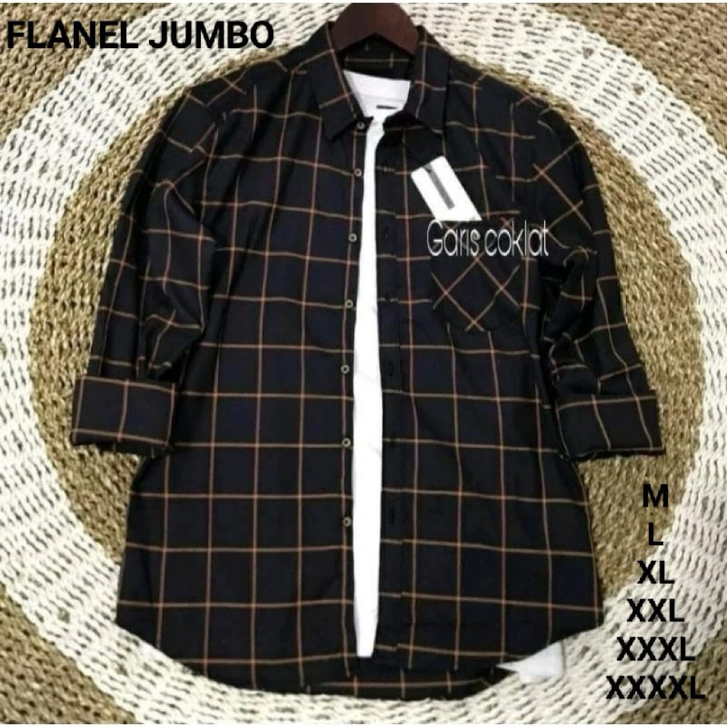 KEMEJA FLANEL HITAM GARIS COKLAT KEMEJA FLANEL L-XL-XXL-JUMBO OVERSIZE