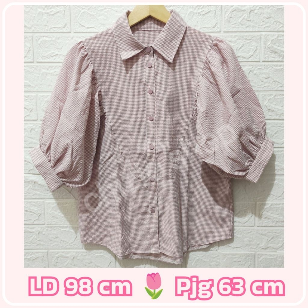 Atasan katun kotak-kotak dusty pink lengan balon