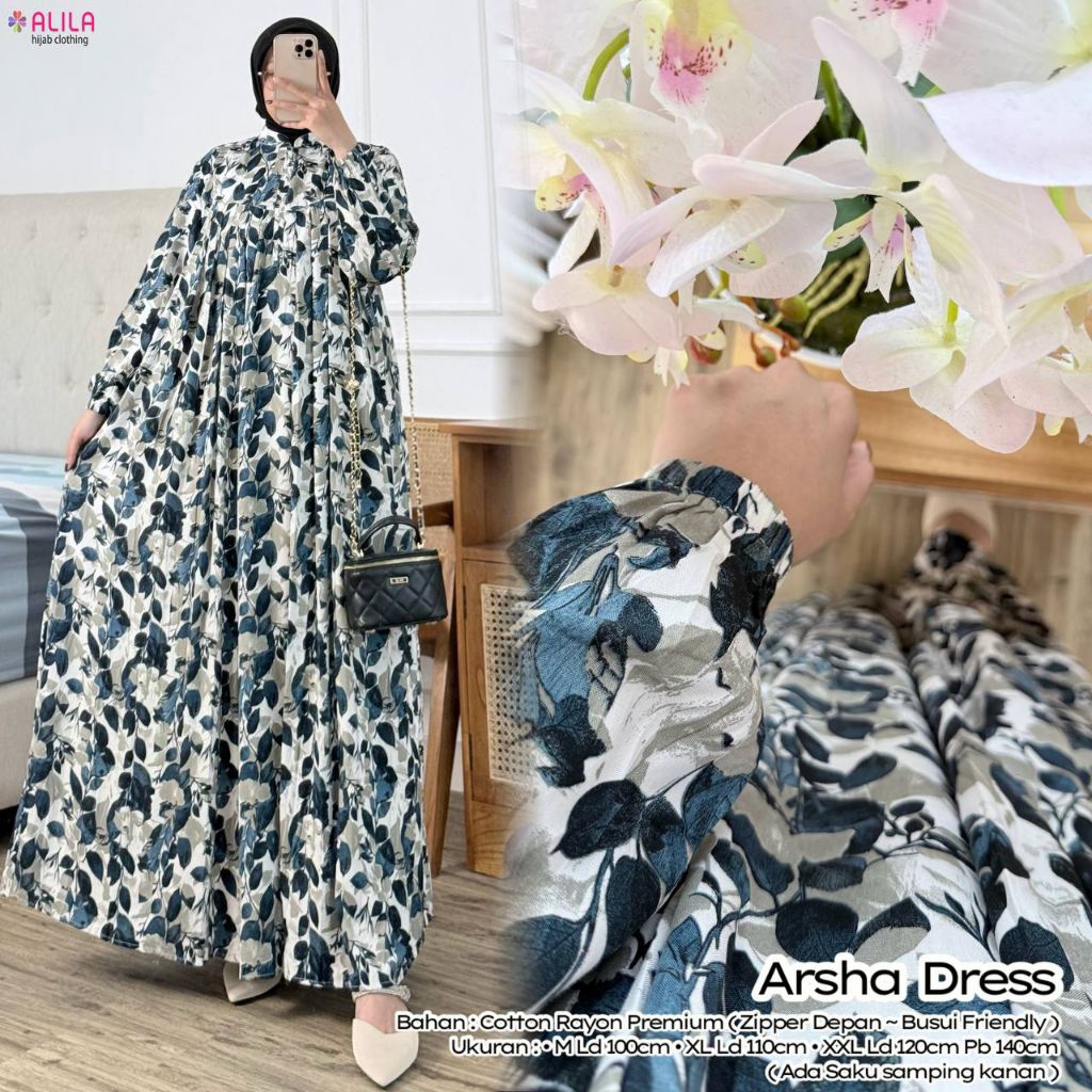 Arsha Dress Gamis Rayon Premium Busui M Ld 100 XL Ld 110 XXL Ld 120 Katun Viscose Motif Daun Elegan 