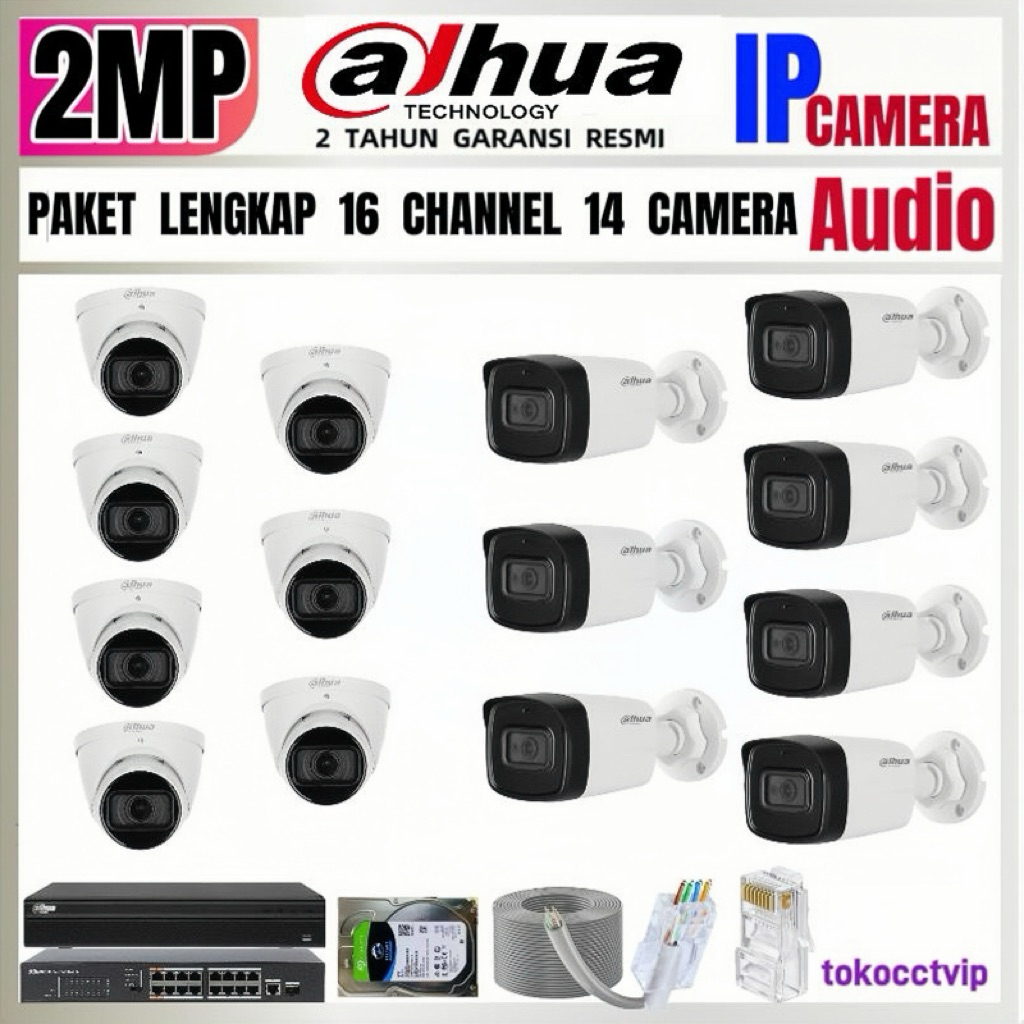 PAKET CCTV DAHUA  IP  KAMERA  2MP AUDIO  16 CH  14 KAMERA ( REKAM  SUARA ) KOMPLIT