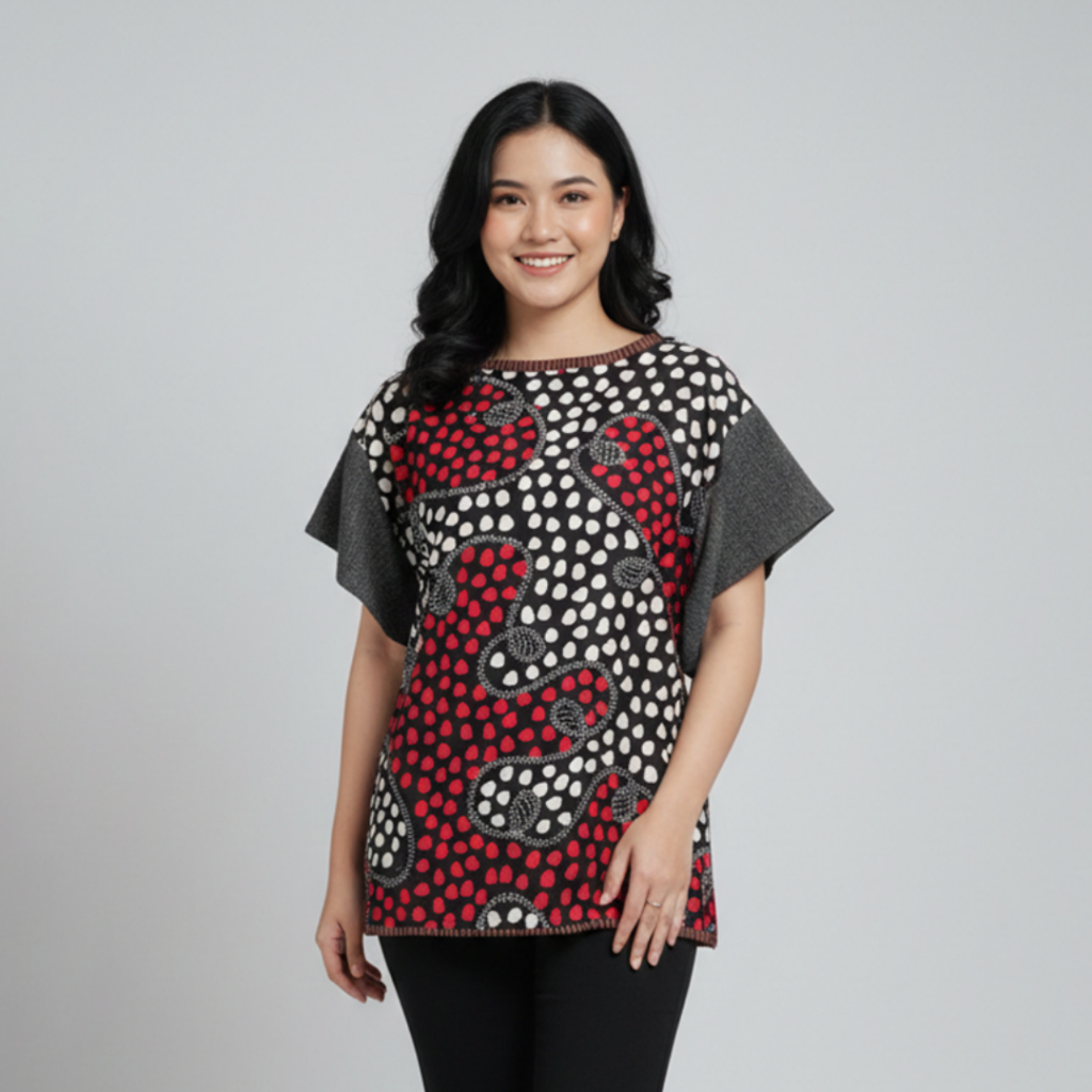 Falasifa - Atasan Batik Modern Wanita - Blouse Mix Etnik Modern - Wastra Black Red Grey - Batik Mode