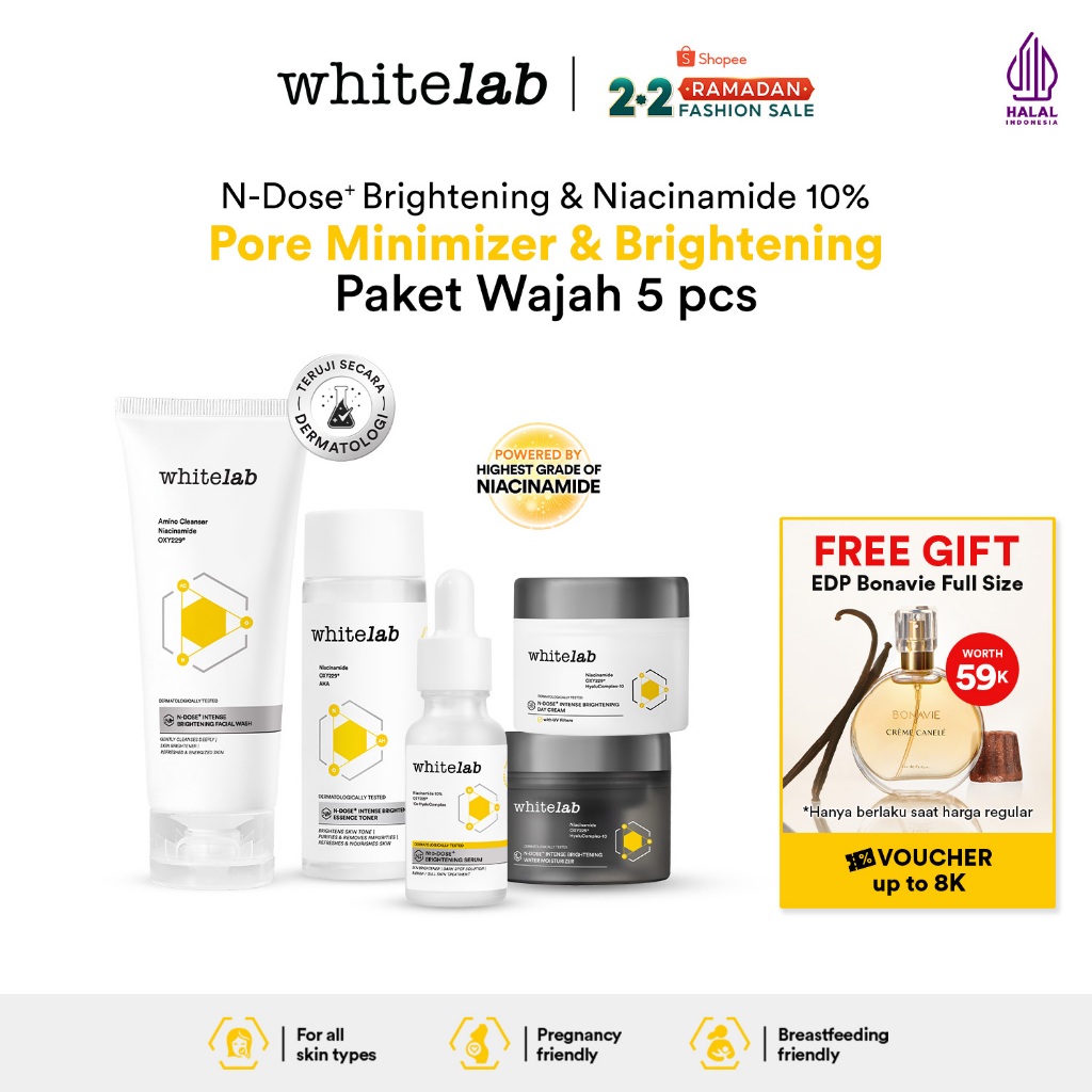 Whitelab Paket Wajah Brightening Niacinamide Facial Wash, Toner, Serum, Day & Night Moisturizer - 5 