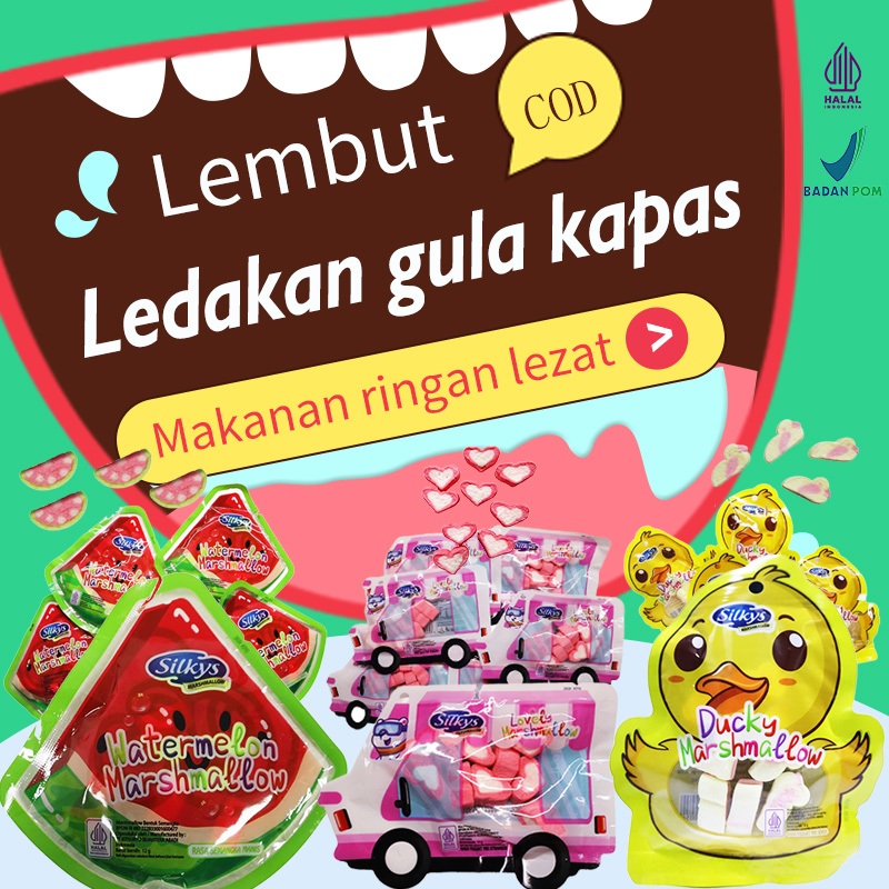 Marshmallow Karakter Boneka Silkys 30PCS Gebu Silky Tanpa Pengawet Halal BPOM Cemilan Keluarga