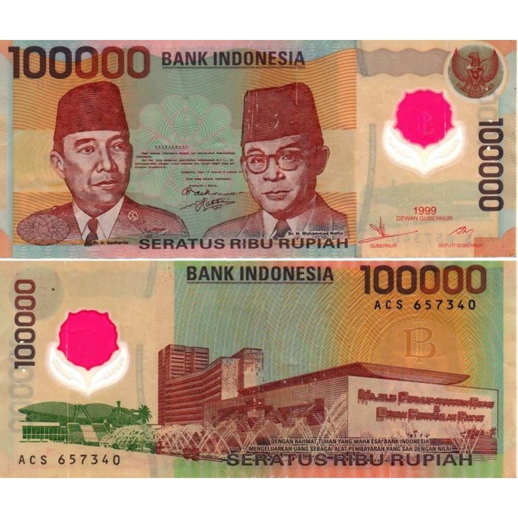 Uang Kertas Indonesia 100.000 Polimer 1999 - Bekas Edar, Kondisi Gress, Koleksi Langka