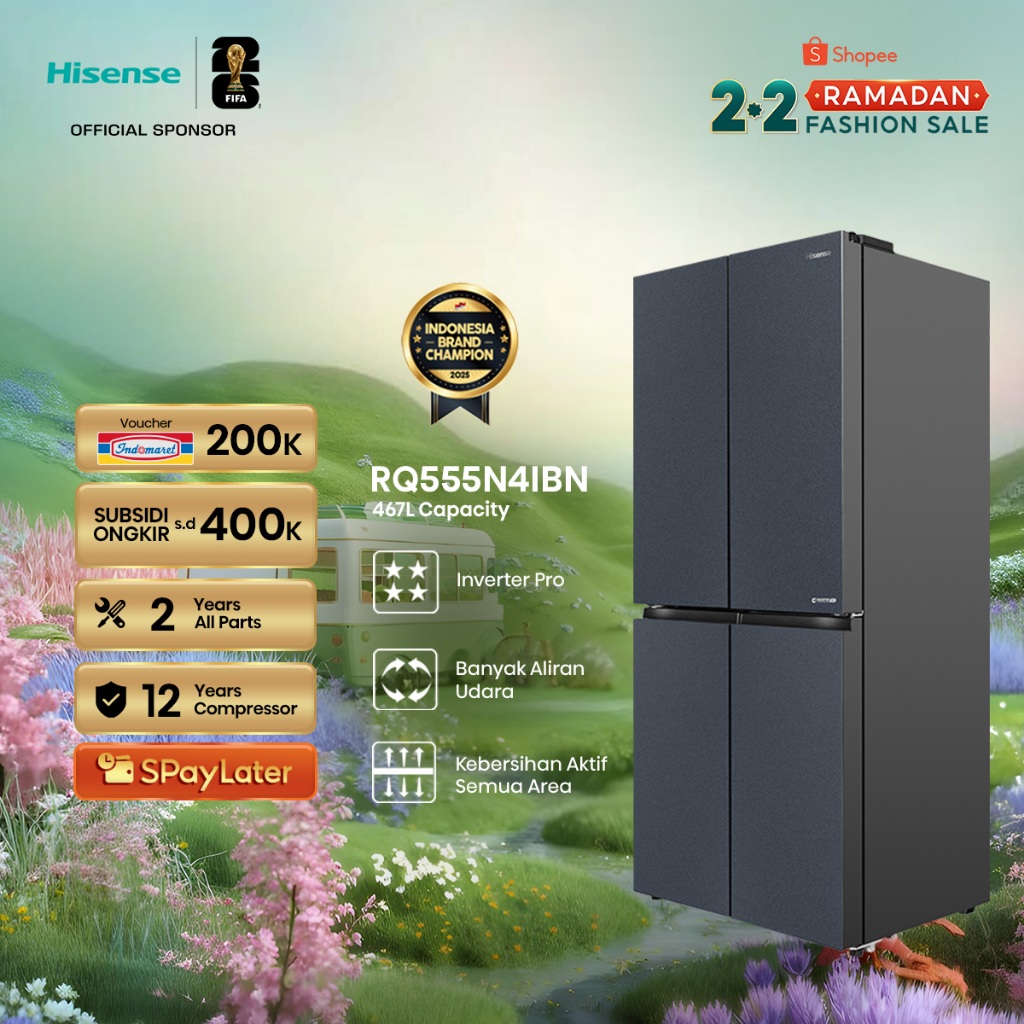 Hisense Kulkas RQ555N4IBN Refrigerator 4 Pintu Kapasitas 468L Warna Hitam Inverter Pro 360 Derajat M