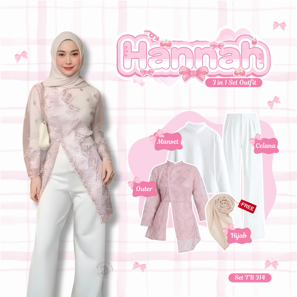 3 In 1 Ootd Wanita Tebaru Atasan Brukat Janggan Dusty Pink Manset Putih Celana Broken White Hijab Be