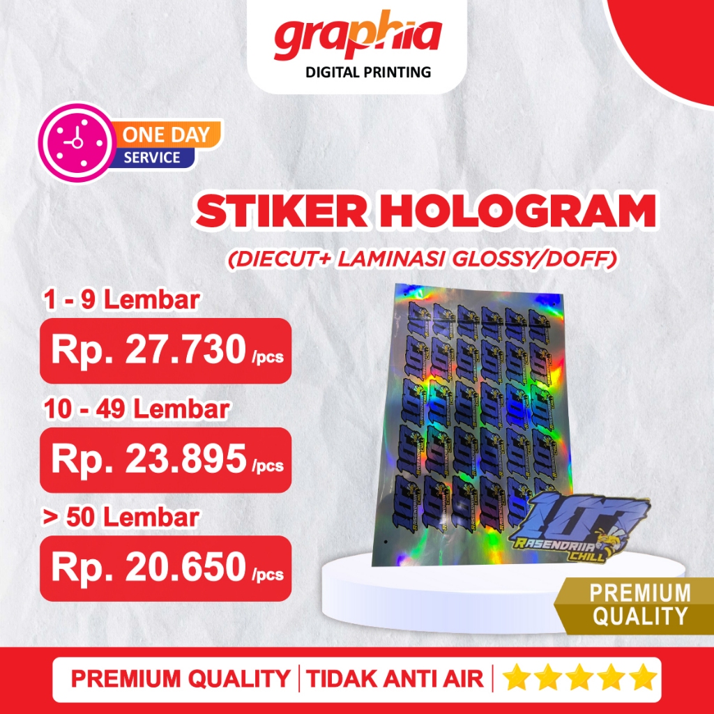 < PAKET LENGKAP >  Print Sticker Hologram + Die Cut + Laminasi Glossy / Doff A3+