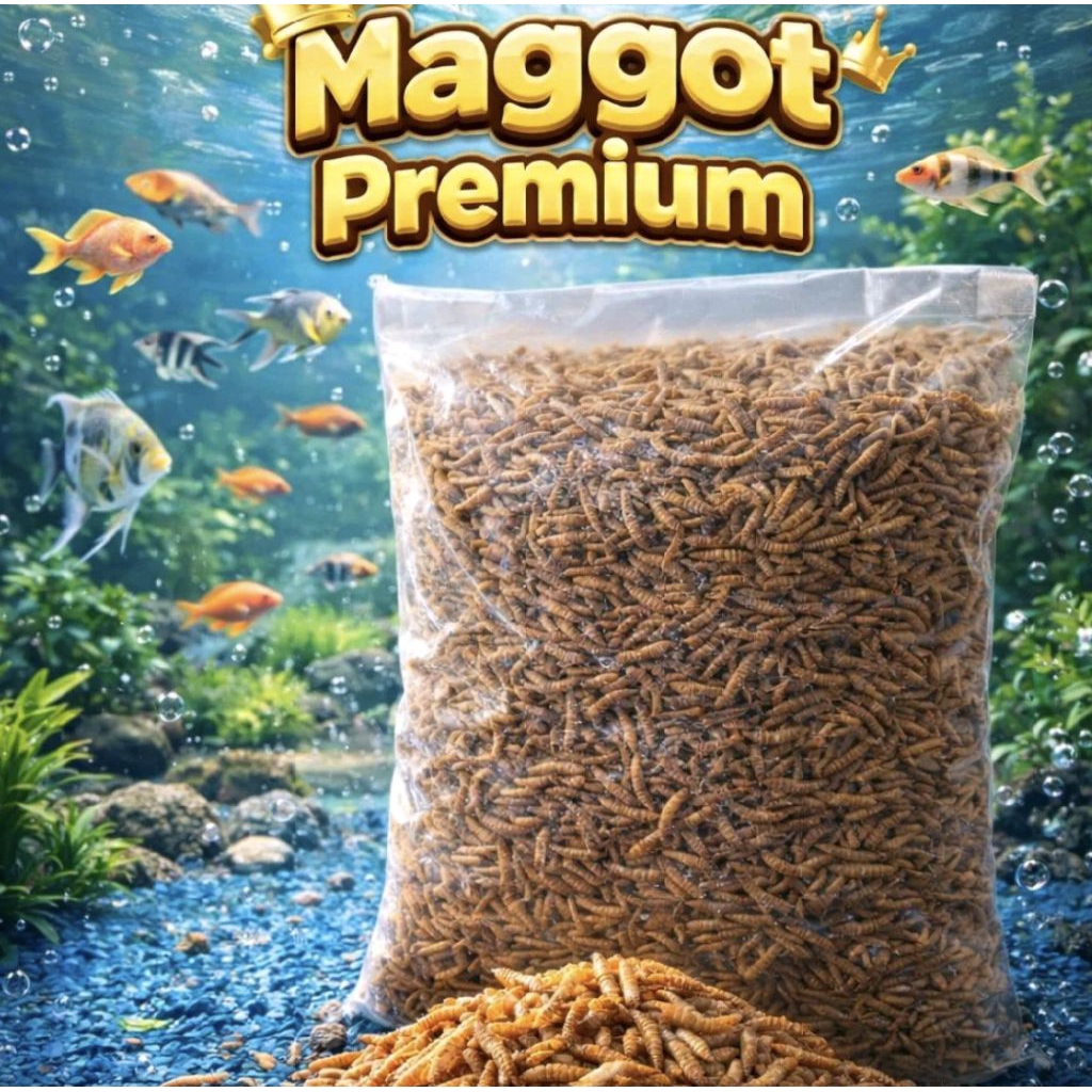Maggot Premium Kering Dry Maggot Tidak Berminyak Pakan Koi Arwana Chana Lohan untuk Ikan Hias channa