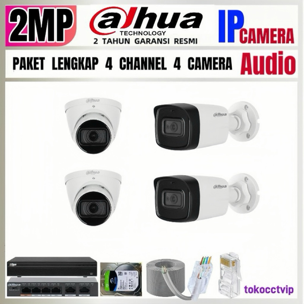 PAKET CCTV DAHUA  IP  KAMERA  2MP AUDIO  4 CH  4 KAMERA ( REKAM  SUARA )