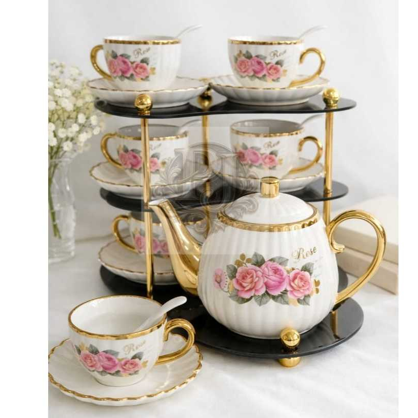Tea Set Cangkir & Gelas Kopi Teh dengan Rak Set Cangkir Teko Keramik Elegan & Estetik AG-822N
