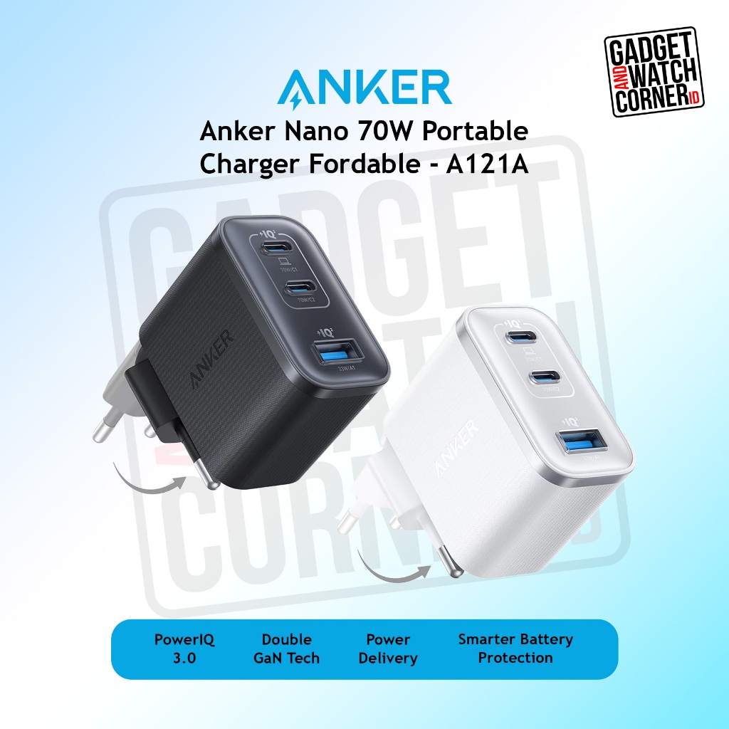 Anker Nano 70W Gan Double-Gan Portable Charger Fordable Fast Charging 3 Ports - A121A