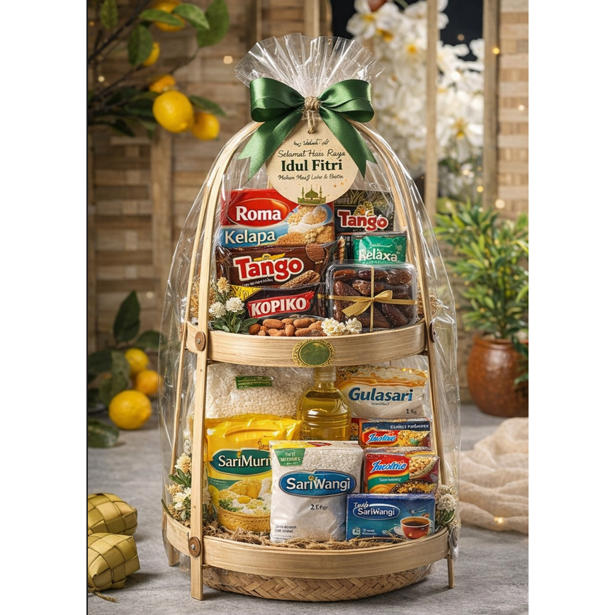 Parcel Lebaran Besek 2 Susun Isi Sembako & Snack | Hampers Idul Fitri