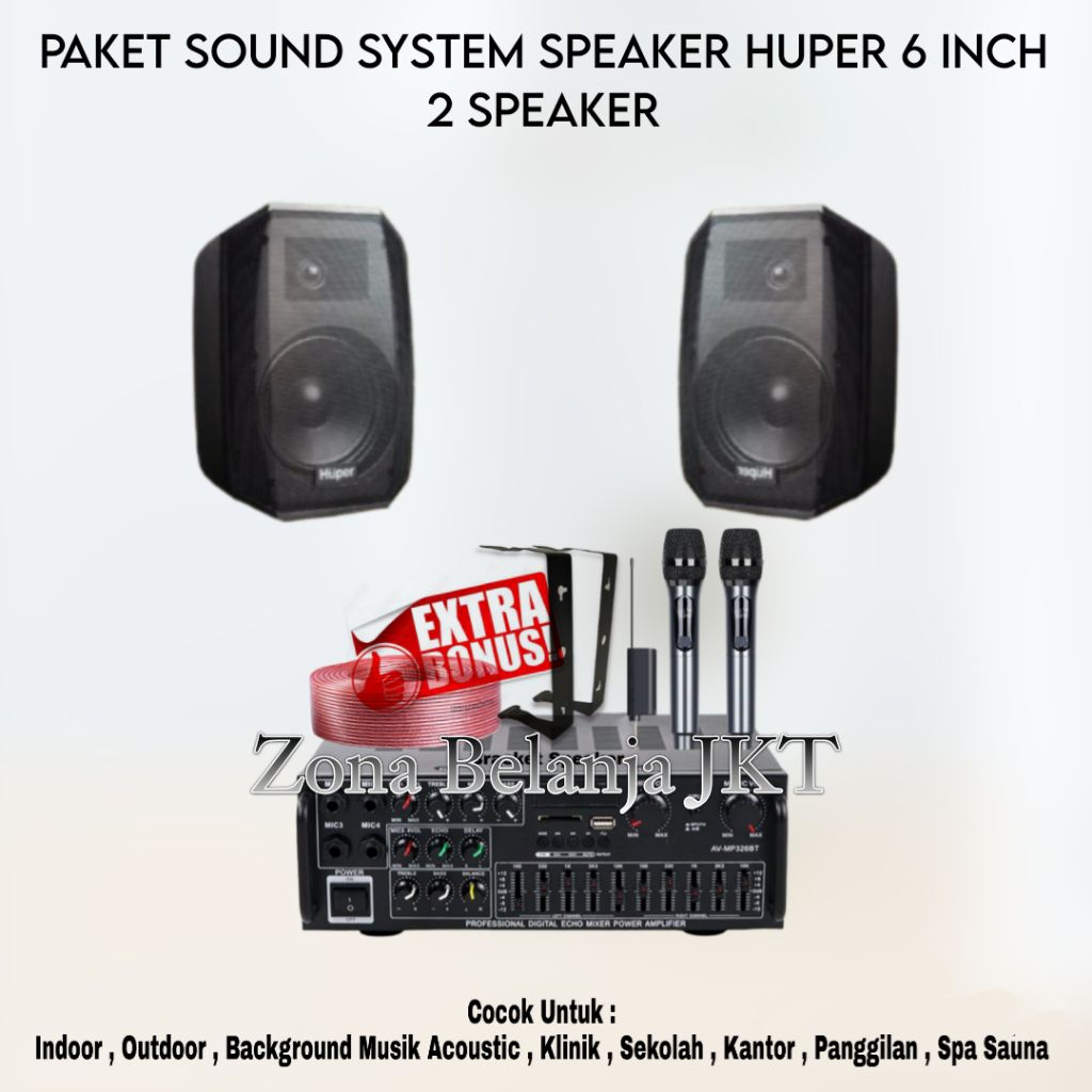 PAKET SOUND SYSTEM CAFE RESTO KANTOR SEKOLAH KLINIK KARAOKE SPEAKER HUPER 6 INCH 2 SPEAKER AMPLIFIER
