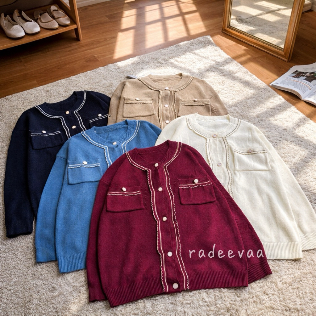 MONA CARDI Knit Cardigan Button Mutiara  Atasan Rajut Wanita Kantong Koren Style Aesthethic