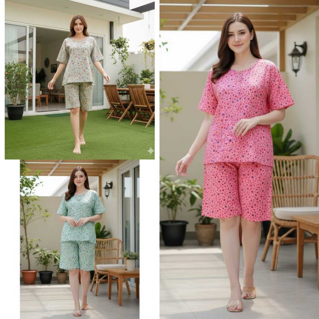 RM002 3/4 Standar Hoki & Sheila Grosir Baju Tidur Wanita Dewasa Setelan Piyama Wanita Dewasa Bahan K
