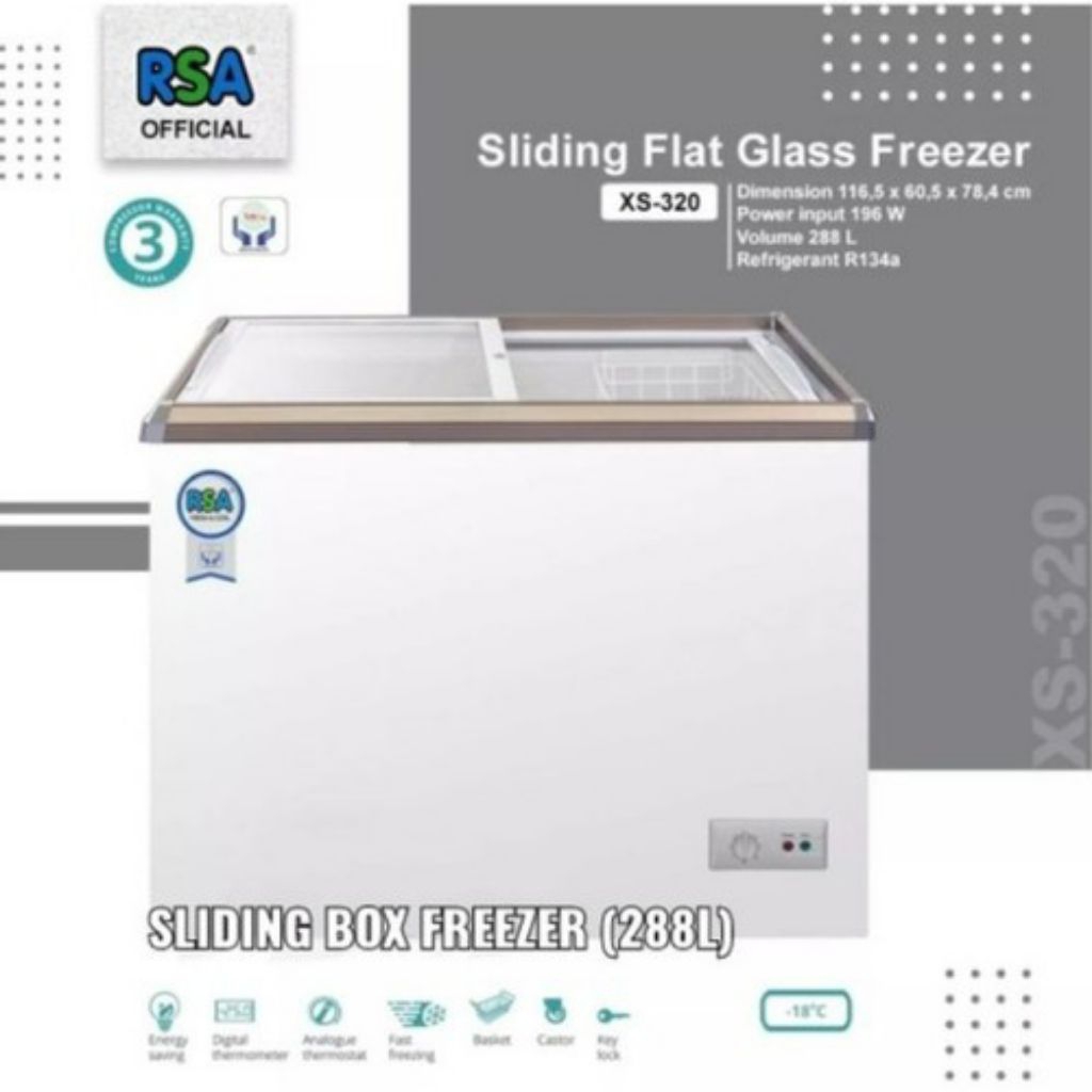 RSA XS-320 Sliding Flat Glass Freezer Chest Freezer Kaca 300 Liter