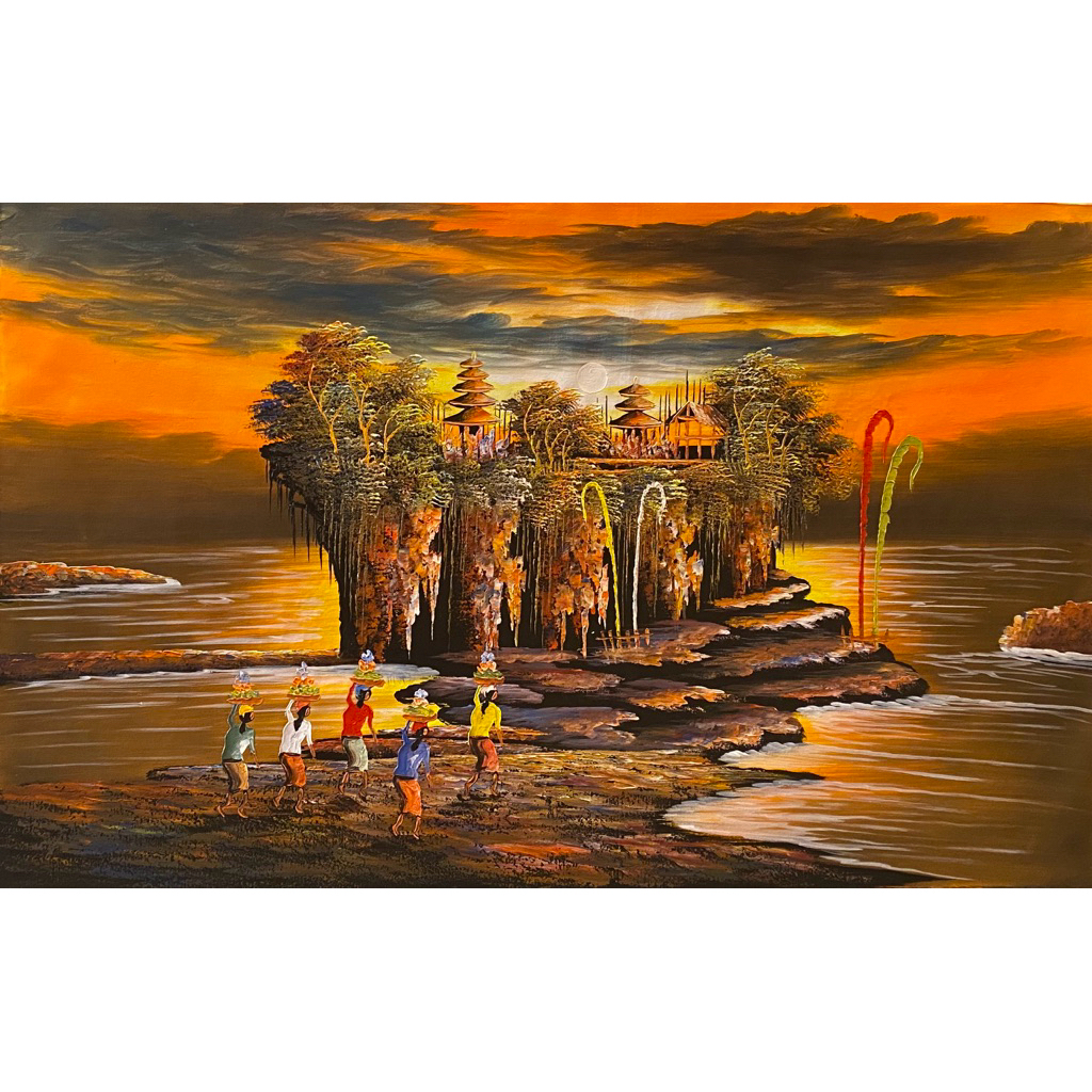 Lukisan Pemandangan Pura Tanah Lot Bali, Lukisan Canvas, Suasana Sunset, Lukisan Asli Bali