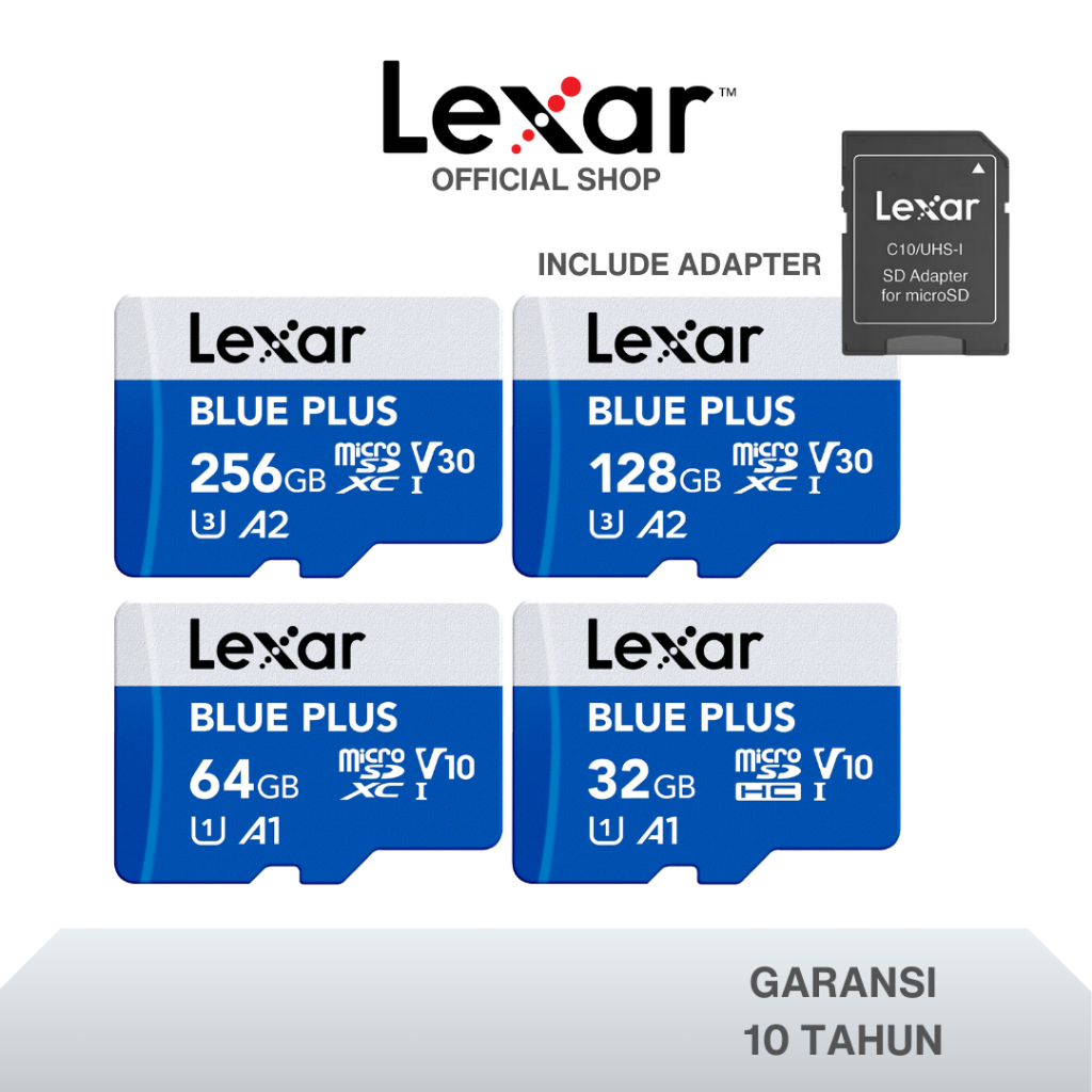 Lexar Microsd BLUE PLUS UHS-I Class 10 32GB / 64GB / 128GB / 256GB Up to 100 - 170MB/s With Adapter