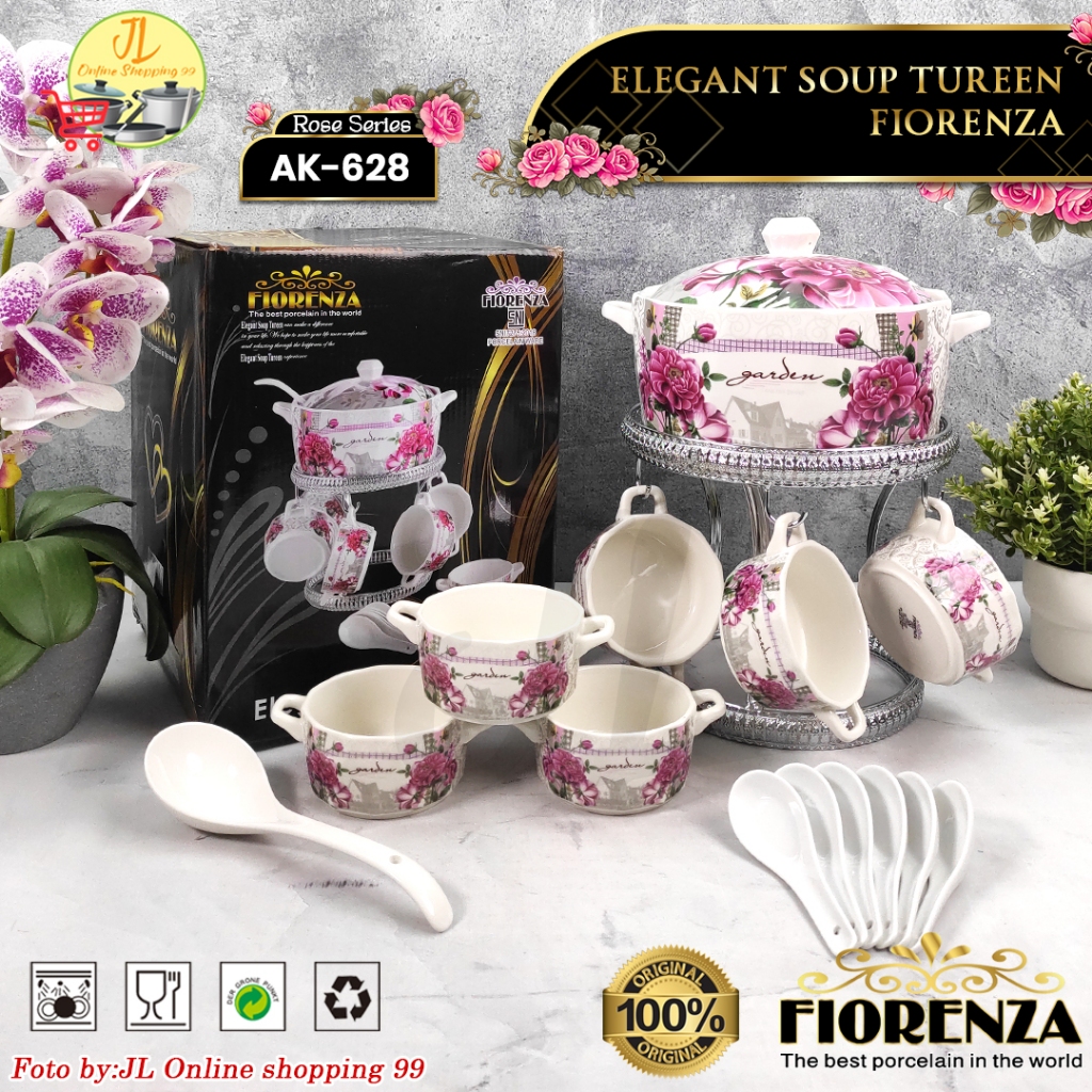 FIORENZA soup tureen Rose duluxe series with rack AK-628 / mangkok es buah keramik + sendok