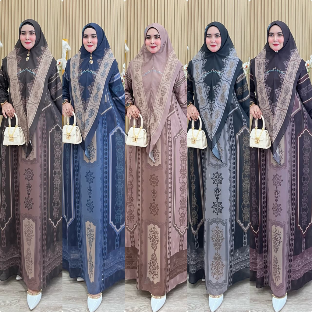 Gamis Syar’i Babydoll Printing Premium Set Khimar Jumbo Busui XXL Lebar 6 Meter – Charissa Syar’i Na