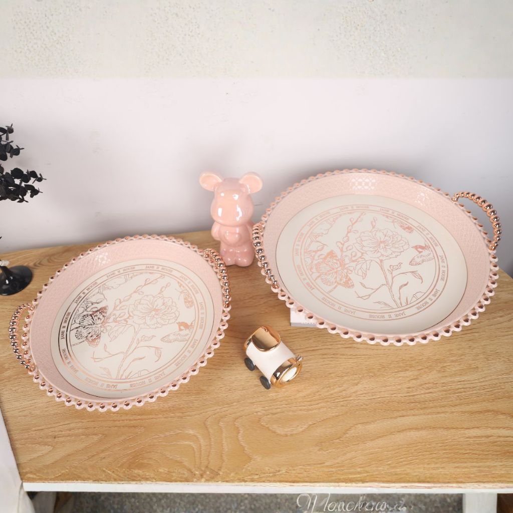 Nampan Bulat Pink White /Nampan Cantik Serbaguna