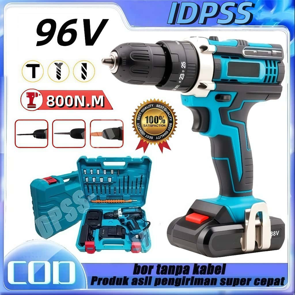 MAKITA Bor Impact Elektrik Makita 96V Tanpa Kabel dengan Mata Bor dan 2 Baterai Alat Obeng Bor Tanga