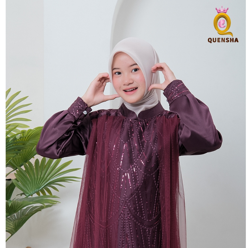 Leya Couple Gamis Anak Tanggung Usia 7-15 THN Lebaran Mewah Mahogany Brukat Premium Kombinasi Tile P
