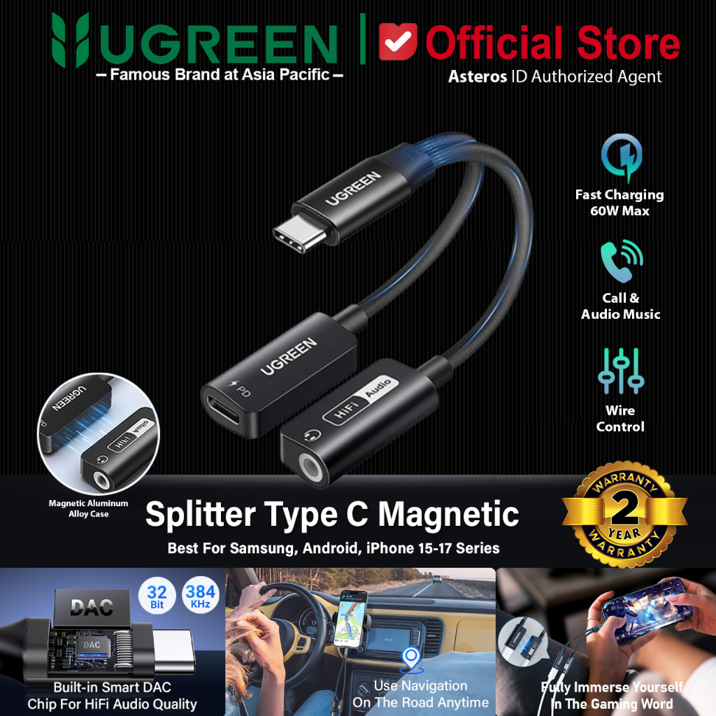 UGREEN Magnetic Audio Splitter Type C to Jack Audio & Charging Adapter 2-in-1 Hi-Res 32Bit/384KHz PD