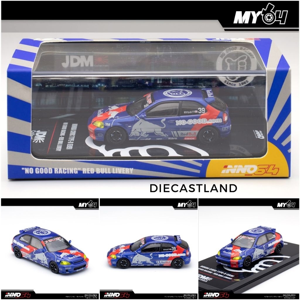 INNO64 1/64 Honda Civic Type-R (EK9) "No Good Racing" Red Bull Livery IN64-EK9-JDM16 Mobil Miniatur 