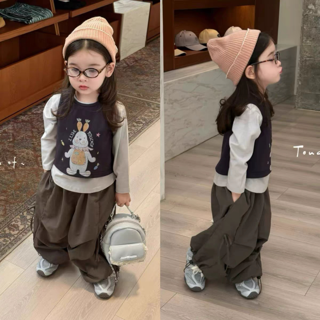 Style Terbaru Setelan Cargo Anak Perempuan 3PCS Atasan Lengan Panjang+Rompi+Celana Cargo Baju Anak P