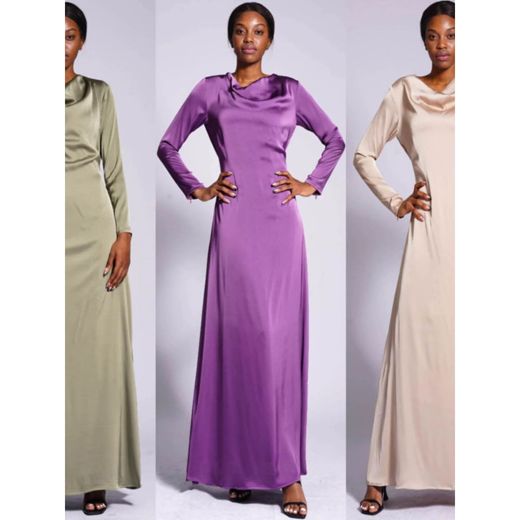 Gaun maxi satin dengan kerah turtleneck, tersedia dalam 5 pilihan warna: ungu, hijau army, champagne