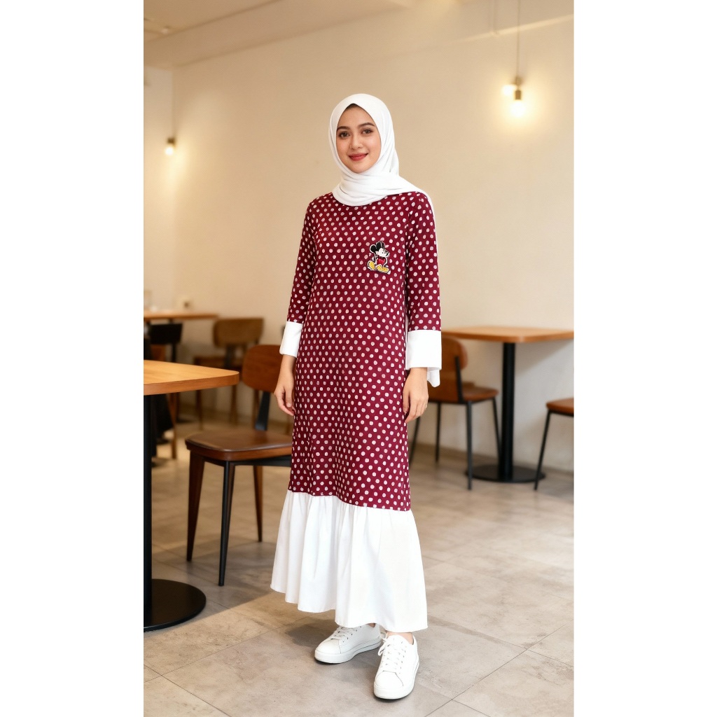 Gamis Katun Merah Polkadot