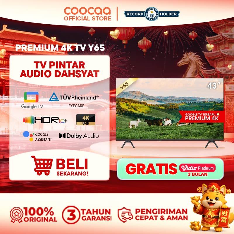 NEW COOCAA TV 43 inch Y65 - 4K GOOGLE TV  - Dolby Audio - Eye Care - HDR10 - Find Remote - (COOCAA 4